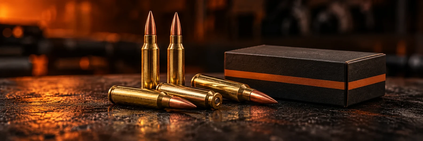 Brass rifle cartridges beside a closed ammunition box on a dark shooting bench