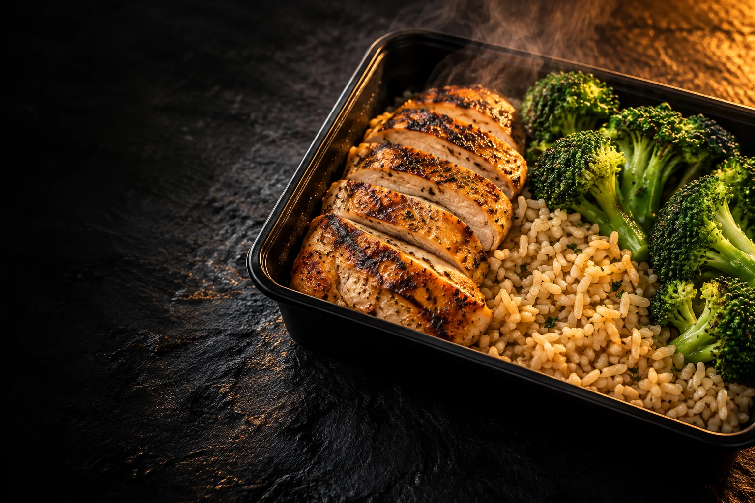 Grilled chicken, rice, and broccoli in a meal prep tray