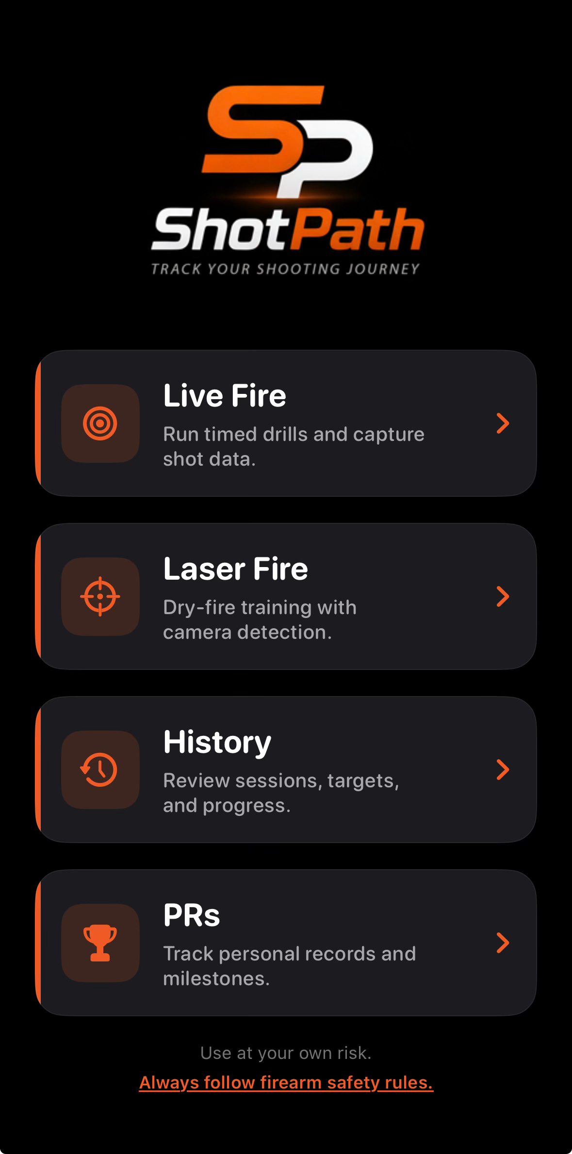 Actual ShotPath app home screen